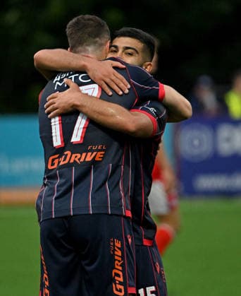 UEFA Champions League Second Qualifying Round First Leg, Inver Park, Belfast, Northern Ireland 21 7 2026 Larne vs Crvena Zvezda Crvena Zvezda™s Bruno Duarte celebrates with team mates after he scores a gaol Bruno Duarte celebrates with team mates after he scores a gaol 21 7 2026  Copyright: xx Larne v Crvena Zvezda-036