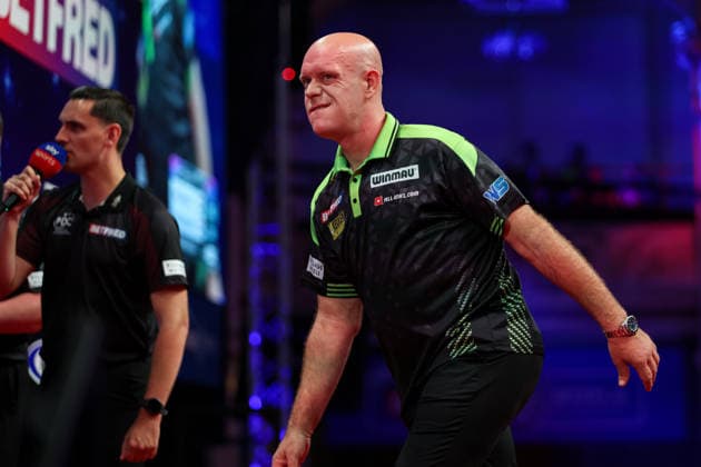 RECORD DATE NOT STATED 21st July 2026, Winter Gardens, Blackpool, Lancashire, England; 2026 Betfred World Matchplay Darts, Day Four; Michael van Gerwen reacts after missing a dart during his game against Dirk van Duijvenbode AidanxHunter