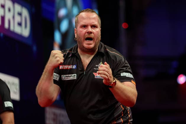 RECORD DATE NOT STATED 21st July 2026, Winter Gardens, Blackpool, Lancashire, England; 2026 Betfred World Matchplay Darts, Day Four; Dirk van Duijvenbode reacts during his game against Michael van Gerwen AidanxHunter