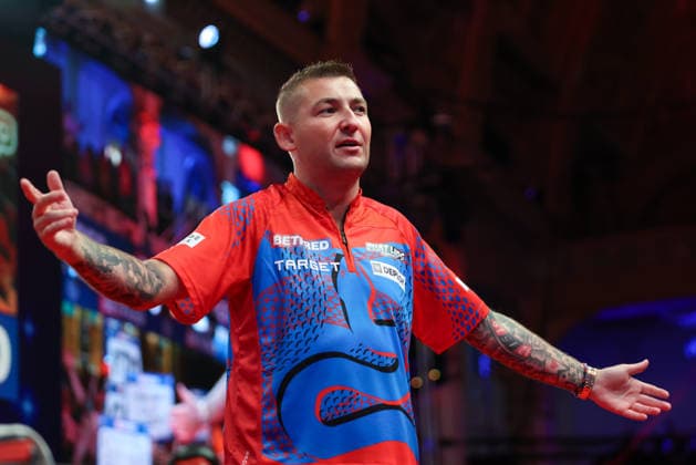 RECORD DATE NOT STATED 21st July 2026, Winter Gardens, Blackpool, Lancashire, England; 2026 Betfred World Matchplay Darts, Day Four; Nathan Aspinall during his walk on AidanxHunter