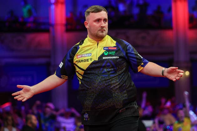 RECORD DATE NOT STATED 21st July 2026, Winter Gardens, Blackpool, Lancashire, England; 2026 Betfred World Matchplay Darts, Day Four; Luke Littler celebrates after hitting a 9 darter in the opening leg in his match against Nathan Aspinall AidanxHunter