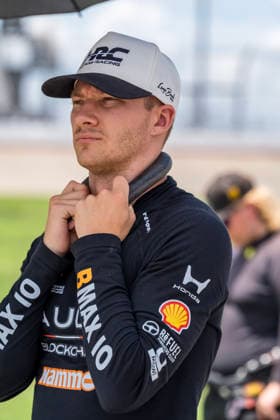 July 20, 2026, Lebanon, Tennessee, USA: IndyCar, Indy Car, IRL, USA SERIES driver, DENNIS HAUGER (R) (19) (NOR) of Aurskog, Norway, stands at his car during the National Anthem before the start of the Music City Grand Prix at Nashville Superspeedway in LEBANON Tennessee. Lebanon USA - ZUMAa161 20260720_aaa_a161_032 Copyright: xWalterxG.xArcexSr.x