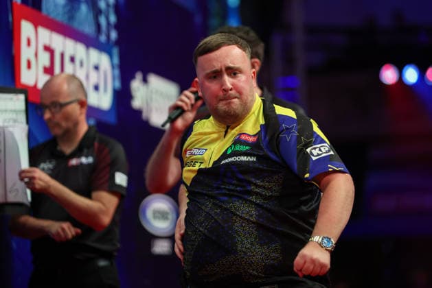 RECORD DATE NOT STATED 21st July 2026, Winter Gardens, Blackpool, Lancashire, England; 2026 Betfred World Matchplay Darts, Day Four; Luke Littler reacts during his game against Nathan Aspinall AidanxHunter