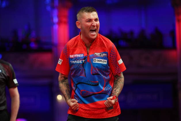 RECORD DATE NOT STATED 21st July 2026, Winter Gardens, Blackpool, Lancashire, England; 2026 Betfred World Matchplay Darts, Day Four; Nathan Aspinall reacts during his game against Luke Littler AidanxHunter