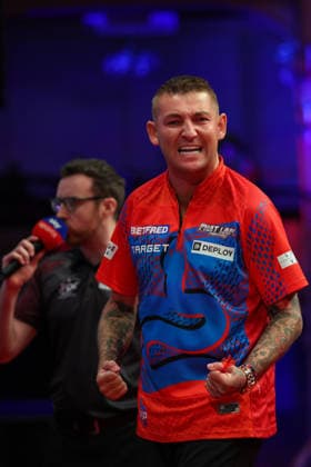 RECORD DATE NOT STATED 21st July 2026, Winter Gardens, Blackpool, Lancashire, England; 2026 Betfred World Matchplay Darts, Day Four; Nathan Aspinall reacts during his game against Luke Littler AidanxHunter