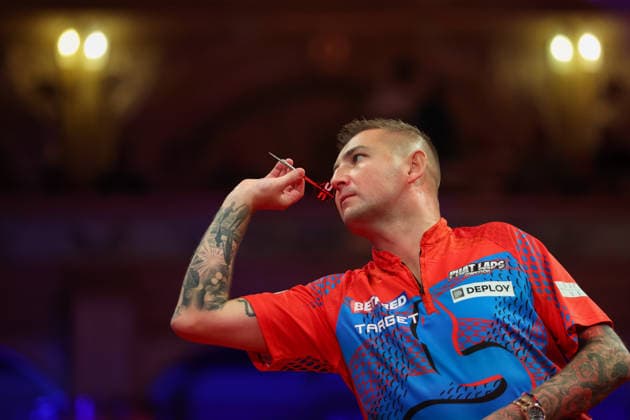 RECORD DATE NOT STATED 21st July 2026, Winter Gardens, Blackpool, Lancashire, England; 2026 Betfred World Matchplay Darts, Day Four; Nathan Aspinall in action at the oche during his game against Luke Littler AidanxHunter
