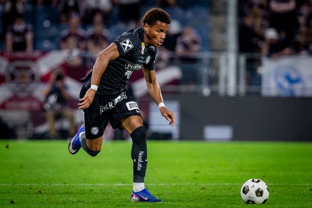 STURM GRAZ - HEARTS Axel Kayombo of Sturm during the first leg of second qualifying round of UEFA Champions League football match between Sturm Graz and Heart of Midlothian FC at the Merkur Arena (Stadion Graz Liebenau). Graz, Austria, July 21, 2026. Photo by Branislav Racko Copyright: xx 080A2264