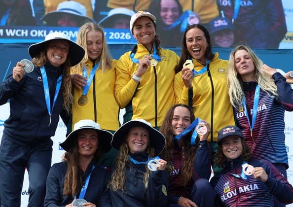July 21, 2026, Oklahoma City, Oklahoma, USA: Teams of Australia, France and Slovakia - medalist of Women Kayak Teams on 2026 ICF Canoe Slalom World Championships, Oklahoma City, USA. Oklahoma City USA - ZUMAc278 20260721_zsp_c278_014 Copyright: xMarcinxCholewinskix