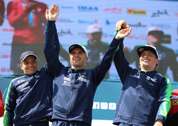 July 21, 2026, Oklahoma City, Oklahoma, USA: LAN TOMINC, PETER KAUZER, ZIGA LIN HOCEVAR of Slovenia gold medalist of Men Kayak Teams on 2026 ICF Canoe Slalom World Championships, Oklahoma City, USA. Oklahoma City USA - ZUMAc278 20260721_zsp_c278_017 Copyright: xMarcinxCholewinskix