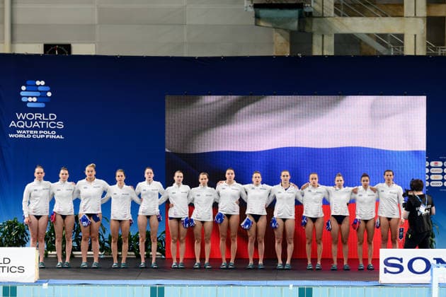 Water polo, Wasserball WORLD CUP NETHERLANDS RUSSIA, Russia sing the anthem before the Water Polo World Cup Womens Quarter Final match between the Netherlands and Russia at Sydney Olympic Park Aquatic Centre in Sydney, Wednesday, July 22, 2026. ( NO ARCHIVING, EDITORIAL USE ONLY SYDNEY NEW SOUTH WALES AUSTRALIA  Copyright: xSTEVExMARKHAMx 20260722130916234509
