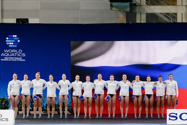Water polo, Wasserball WORLD CUP NETHERLANDS RUSSIA, Russia sing the anthem before the Water Polo World Cup Womens Quarter Final match between the Netherlands and Russia at Sydney Olympic Park Aquatic Centre in Sydney, Wednesday, July 22, 2026. ( NO ARCHIVING, EDITORIAL USE ONLY SYDNEY NEW SOUTH WALES AUSTRALIA  Copyright: xSTEVExMARKHAMx 20260722182057108530