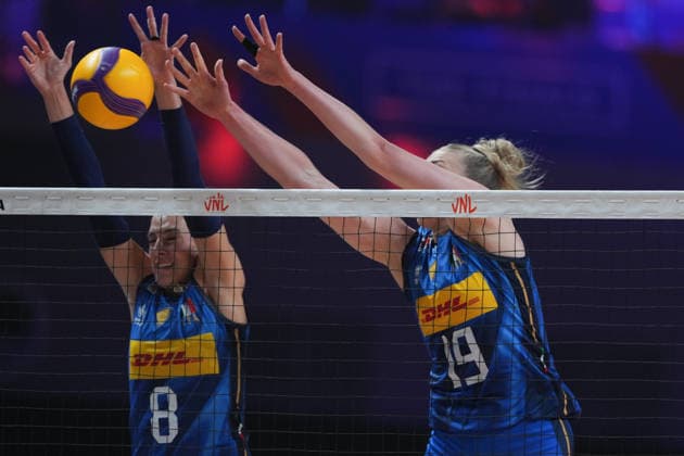RECORD DATE NOT STATED Women s Volleyball Nations League (VNL) 2026 Finals - Italy VS Netherlands Alessia Orro(No.8) and Sarah Luisa FahrAlessia Orro(No.19) from team Italy during a match of Italy and Netherlands at Women s Volleyball Nations League (VNL) 2026 Finals on July 22, 2026 in Macau. (Photo by Ellan Mad Nexpher Images) Macau