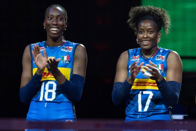 RECORD DATE NOT STATED Women s Volleyball Nations League (VNL) 2026 Finals - Italy VS Netherlands Myriam Fatime Sylla(No.17) and Paola Ogechi Egonu(No.18) from team Italy during a match of Italy and Netherlands at Women s Volleyball Nations League (VNL) 2026 Finals on July 22, 2026 in Macau. (Photo by Ellan Mad Nexpher Images) Macau
