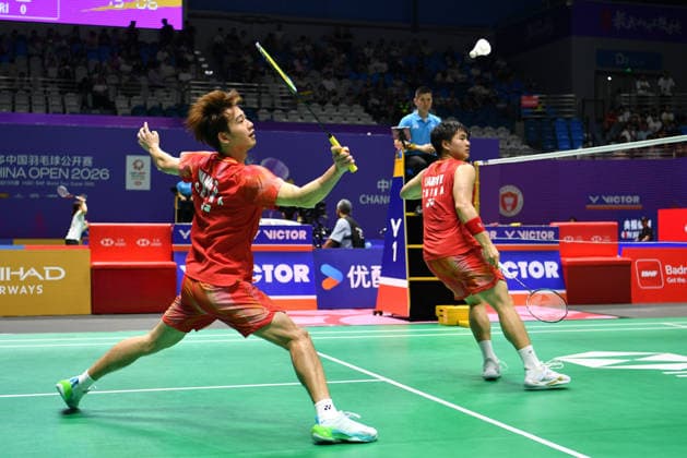 CHANGZHOU, CHINA - JULY 22: Liang Weikeng and Wang Chang of China compete in the Men s Doubles Round of 32 match against Hariharan Amsakarunan and M.R. Arjun of India on day 2 of the China Open 2026 at Changzhou Olympic Sports Center Gymnasium on July 22, 2026 in Changzhou, Jiangsu Province of China.  Copyright: xVCGx 111655765728