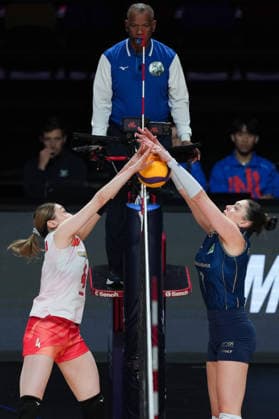 RECORD DATE NOT STATED Women s Volleyball Nations League (VNL) 2026 Finals - Brazil VS Japan Mayu Ishikawa(No.4) ) from team Japan and Rosamaria Montibeller(No.7) from team Brazil during a match of Brazil and Japan at Women s Volleyball Nations League (VNL) 2026 Finals on July 22, 2026 in Macau. (Photo by Ellan Mad Nexpher Images) Macau