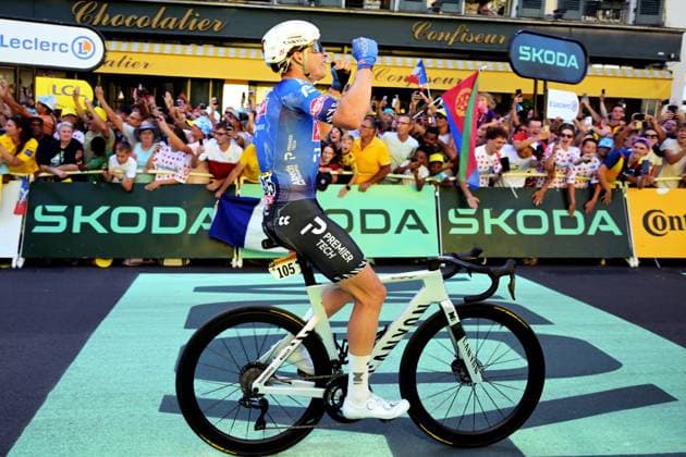 Belgian Jasper Philipsen of Alpecin-Premier Tech crosses the finish line to win stage 17 of the 2026 Tour de France cycling race, a stage of 175km from Chambery to Voiron, on Wednesday 22 July 2026. The 113th edition of the Tour de France starts on Saturday 4 July in Barcelona, Spain, and will finish in Paris, France on the 26th of July. DAVIDxPINTENS  x181764145x