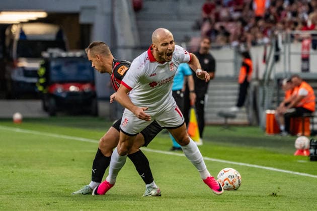 Martin Mikovic and Georgi Rusev seen during UEFA Conference League qualifying game between teams of Spartak Trnava and CSKA 1948 Sofia (Matej Sagan Ball Raw Images) Trnava Anton Malatinsky Stadium Slovakia Copyright: xMatejxSaganx DSC08776
