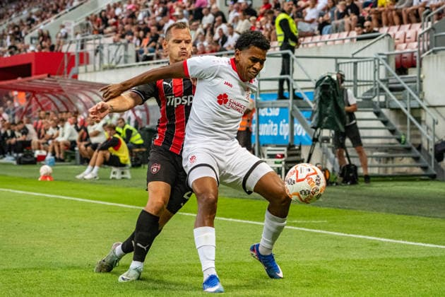 Martin Mikovic and Diego Medina seen during UEFA Conference League qualifying game between teams of Spartak Trnava and CSKA 1948 Sofia (Matej Sagan Ball Raw Images) Trnava Anton Malatinsky Stadium Slovakia Copyright: xMatejxSaganx DSC09023