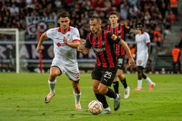 Jules Meyer and Martin Mikovic seen during UEFA Conference League qualifying game between teams of Spartak Trnava and CSKA 1948 Sofia (Matej Sagan Ball Raw Images) Trnava Anton Malatinsky Stadium Slovakia Copyright: xMatejxSaganx DSC09683