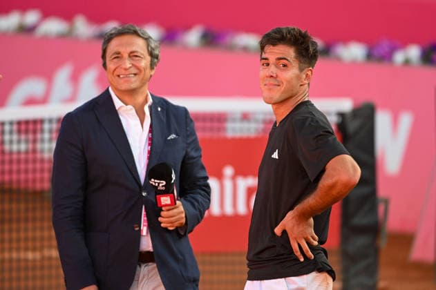 July 22, 2026, Lisbon, Lisbon, Portugal: Tiago Torres of Portugal reacts and speaks during an on-court interview following his surprise victory against Alejandro Tabilo in the Round of 16. Millennium Estoril Open ATP, Tennis Herren tennis tournament at Clube de Tenis do Estoril. Lisbon Portugal - ZUMAr238 20260722_zip_r238_061 Copyright: xRicardoxRochax