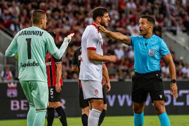 Petar Marinov, Lasha Dvali and Mathieu Vernice seen during UEFA Conference League qualifying game between teams of Spartak Trnava and CSKA 1948 Sofia (Matej Sagan Ball Raw Images) Trnava Anton Malatinsky Stadium Slovakia Copyright: xMatejxSaganx DSC09544