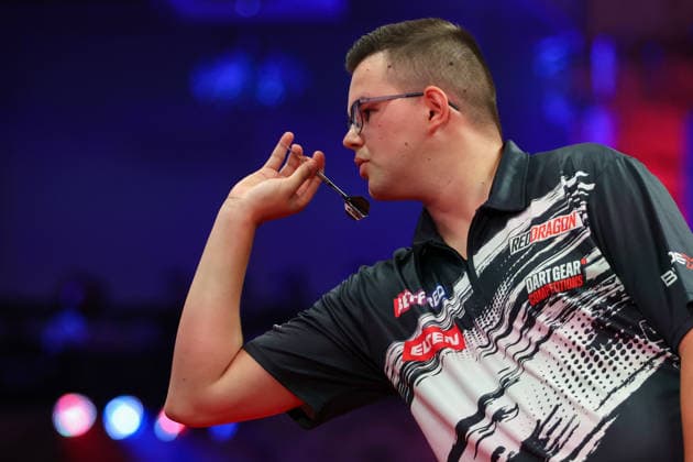 RECORD DATE NOT STATED 22nd July 2026, Winter Gardens, Blackpool, Lancashire, England; 2026 Betfred World Matchplay Darts, Day Five; Gian van Veen in action at the oche during his game against Wessel Nijman AidanxHunter