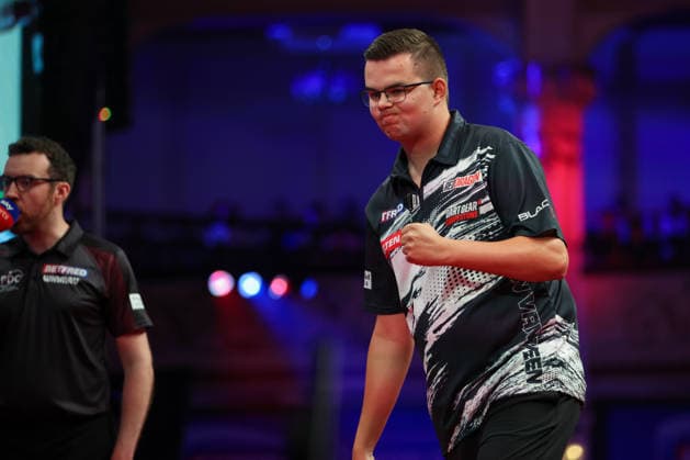 RECORD DATE NOT STATED 22nd July 2026, Winter Gardens, Blackpool, Lancashire, England; 2026 Betfred World Matchplay Darts, Day Five; Gian van Veen celebrates after winning a leg during his game against Wessel Nijman AidanxHunter
