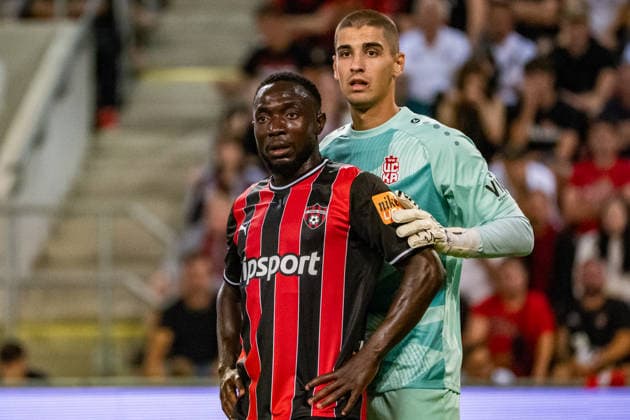 Philip Azango and Petar Marinov seen during UEFA Conference League qualifying game between teams of Spartak Trnava and CSKA 1948 Sofia (Matej Sagan Ball Raw Images) Trnava Anton Malatinsky Stadium Slovakia Copyright: xMatejxSaganx DSC00251