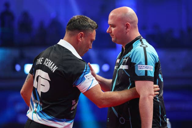 RECORD DATE NOT STATED 22nd July 2026, Winter Gardens, Blackpool, Lancashire, England; 2026 Betfred World Matchplay Darts, Day Five; Gerwyn Price and Rob Cross ahead of their game AidanxHunter
