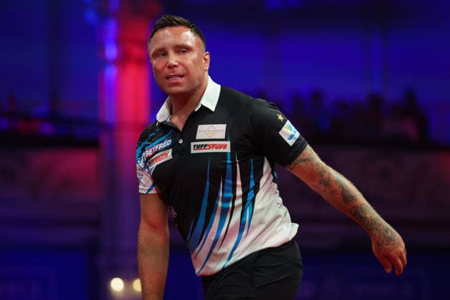 RECORD DATE NOT STATED 22nd July 2026, Winter Gardens, Blackpool, Lancashire, England; 2026 Betfred World Matchplay Darts, Day Five; Gerwyn Price reacts after missing a dart during his game against Rob Cross AidanxHunter