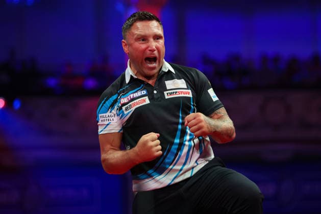 RECORD DATE NOT STATED 22nd July 2026, Winter Gardens, Blackpool, Lancashire, England; 2026 Betfred World Matchplay Darts, Day Five; Gerwyn Price reacts during his game against Rob Cross AidanxHunter