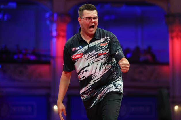 RECORD DATE NOT STATED 22nd July 2026, Winter Gardens, Blackpool, Lancashire, England; 2026 Betfred World Matchplay Darts, Day Five; Gian van Veen reacts during his game against Wessel Nijman AidanxHunter