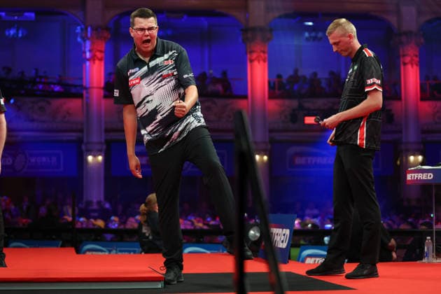 RECORD DATE NOT STATED 22nd July 2026, Winter Gardens, Blackpool, Lancashire, England; 2026 Betfred World Matchplay Darts, Day Five; Gian van Veen celebrates after winning his game as Wessel Nijman looks on AidanxHunter