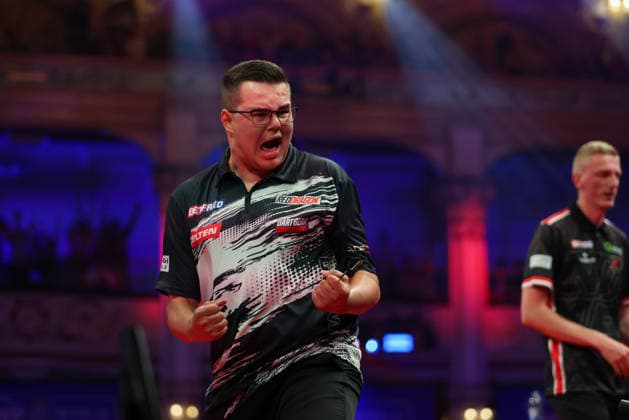 RECORD DATE NOT STATED 22nd July 2026, Winter Gardens, Blackpool, Lancashire, England; 2026 Betfred World Matchplay Darts, Day Five; Gian van Veen celebrates after winning his game against Wessel Nijman AidanxHunter