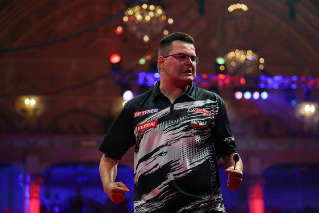RECORD DATE NOT STATED 22nd July 2026, Winter Gardens, Blackpool, Lancashire, England; 2026 Betfred World Matchplay Darts, Day Five; Gian van Veen celebrates after winning his game against Wessel Nijman AidanxHunter