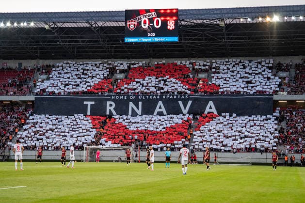 Choreo of Spartak Trnava Ultras seen during UEFA Conference League qualifying game between teams of Spartak Trnava and CSKA 1948 Sofia (Matej Sagan Ball Raw Images) Trnava Anton Malatinsky Stadium Slovakia Copyright: xMatejxSaganx DSC07321