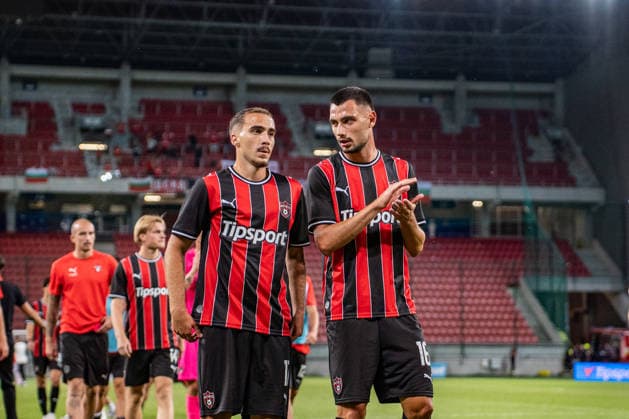 Lorent Mehmeti and Melos Bajrami seen during UEFA Conference League qualifying game between teams of Spartak Trnava and CSKA 1948 Sofia (Matej Sagan Ball Raw Images) Trnava Anton Malatinsky Stadium Slovakia Copyright: xMatejxSaganx DSC07333