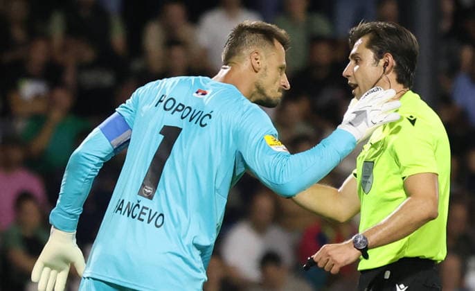 22.07.2026 Pancevo(Serbia) FK Zeleznicar Pancevo-SC Braga Conference League third leg qualifiers Zoran Popovic(L) Zeleznicar Pancevo goalkeeper react to Mehmet Turkmen (R) Turkish referee :S.Sandic