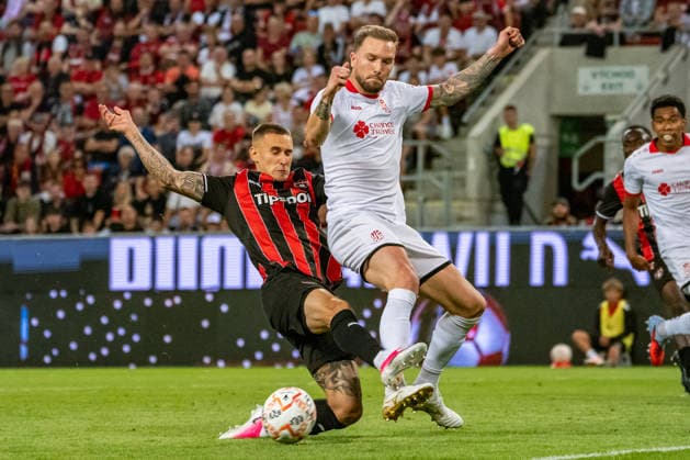 Timotej Kudlicka and Andre Hoffmann seen during UEFA Conference League qualifying game between teams of Spartak Trnava and CSKA 1948 Sofia (Matej Sagan Ball Raw Images) Trnava Anton Malatinsky Stadium Slovakia Copyright: xMatejxSaganx DSC00305