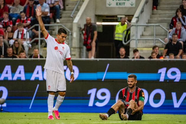 Hector Cuellar and Erik Sabo seen during UEFA Conference League qualifying game between teams of Spartak Trnava and CSKA 1948 Sofia (Matej Sagan Ball Raw Images) Trnava Anton Malatinsky Stadium Slovakia Copyright: xMatejxSaganx DSC00895