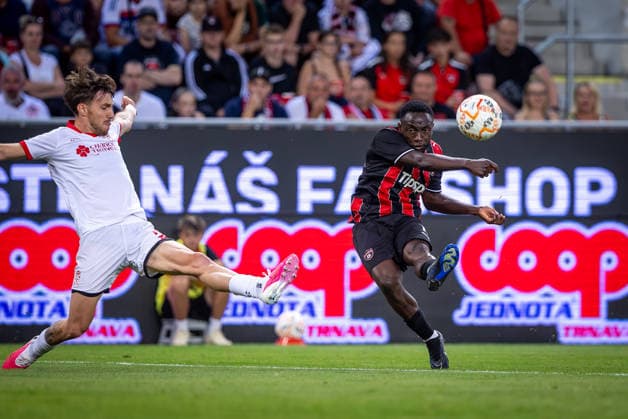 SPARTAK TRNAVA - CSKA 1948 Philip Elayo Azango of Spartak and Ognjen Gasevic of CSKA during the first leg of second qualifying round of UEFA Conference league football match between FC Spartak Trnava and CSKA 1948 at the City Arena (Stadion Antona Malatinskeho). Trnava, Slovakia, July 22, 2026. Photo by Branislav Racko Copyright: xx 080A3169