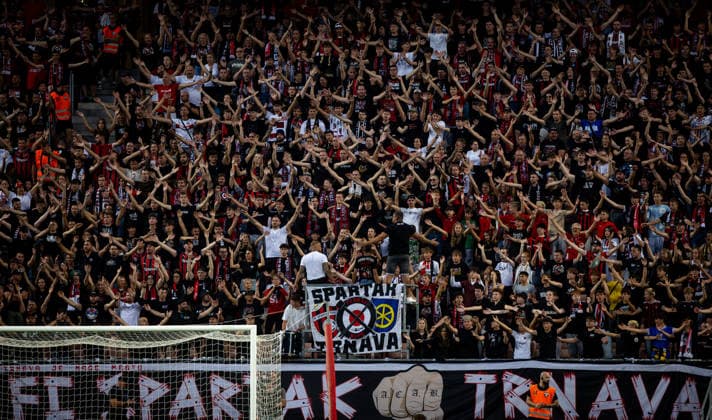 SPARTAK TRNAVA - CSKA 1948 Fans of Spartak during the first leg of second qualifying round of UEFA Conference league football match between FC Spartak Trnava and CSKA 1948 at the City Arena (Stadion Antona Malatinskeho). Trnava, Slovakia, July 22, 2026. Photo by Branislav Racko Copyright: xx 080A3174