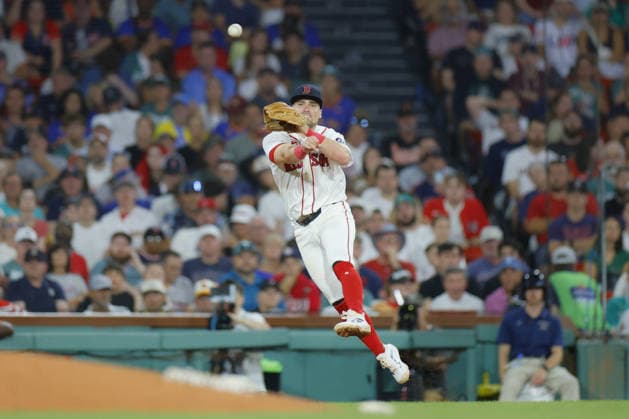 Boston Red Sox third baseman Caleb Durbin makes a throw to first base during the sixth inning against the Baltimore Orioles at Fenway Park in Boston, Massachusetts on Wednesday, July 22, 2026.  BOP20260722016 CJxGUNTHER