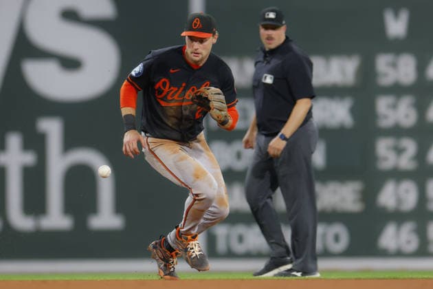 Baltimore Orioles shortstop Gunnar Henderson prepares to field the ball during the seventh inning against the Boston Red Sox at Fenway Park in Boston, Massachusetts on Wednesday, July 22, 2026.  BOP20260722019 CJxGUNTHER