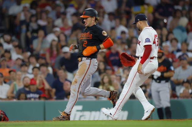 Baltimore Orioles Gunnar Henderson scores on a wild pitch by Boston Red Sox pitcher Jovani Moran during the seventh inning at Fenway Park in Boston, Massachusetts on Wednesday, July 22, 2026.  BOP20260722017 CJxGUNTHER
