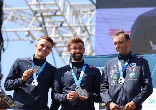 July 22, 2026, Oklahoma City, Oklahoma, USA: NICOLAS GESTIN, YOHANN SENECHAULT, JULES BERNARDET of France silver medalist of Men s Canoe Teams on 2026 ICF Canoe Slalom World Championships, Oklahoma City, USA. ICF Canoe Slalom World Championships 2026 - Nicolas Gestin, Yohann Senechault, Jules Bernardet  - ZUMAc278 20260722_zsp_c278_006 Copyright: xMarcinxCholewinskix