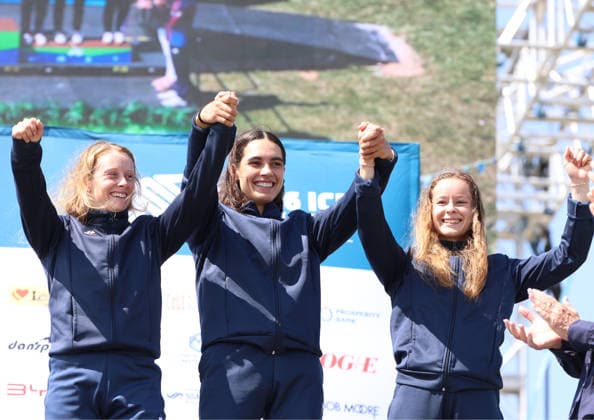 July 22, 2026, Oklahoma City, Oklahoma, USA: MARJORIE DELASSUS, ANGELE HUG, DORIANE DELASSUS of France bronze medalist of Women s Canoe Teams on 2026 ICF Canoe Slalom World Championships, Oklahoma City, USA. ICF Canoe Slalom World Championships 2026 - Marjorie Delassus, Angele Hug, Doriane Delassus  - ZUMAc278 20260722_zsp_c278_007 Copyright: xMarcinxCholewinskix