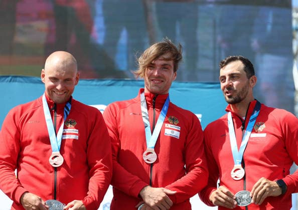 July 22, 2026, Oklahoma City, Oklahoma, USA: TIMO TRUMMER, LENNARD TUCHSCHERER, SIDERIS TASIADIS of Germany bronze medalist of Men s Canoe Teams on 2026 ICF Canoe Slalom World Championships, Oklahoma City, USA. ICF Canoe Slalom World Championships 2026 - Timo Trummer, Lennard Tuchscherer, Sideris Tasiadis  - ZUMAc278 20260722_zsp_c278_008 Copyright: xMarcinxCholewinskix