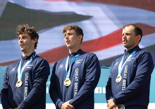 July 22, 2026, Oklahoma City, Oklahoma, USA: RYAN WESTLEY, ADAM BURGESS, PETER LINKSTED of Great Britain gold medalist of Men s Canoe Teams on 2026 ICF Canoe Slalom World Championships, Oklahoma City, USA. ICF Canoe Slalom World Championships 2026 - Ryan Westley, Adam Burgess, Peter Linksted  - ZUMAc278 20260722_zsp_c278_012 Copyright: xMarcinxCholewinskix
