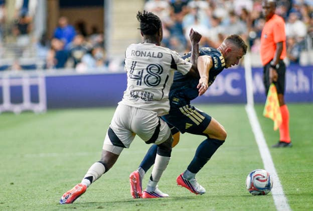 July 22, 2026, Chester, Pennsylvania, United States: Philadelphia UnionÃ¢â‚¬â ¢s KAI WAGNER (27 gets pushed in the back by the New York Red Bulls RONALD DONKOR (48) at Subaru Park in Chester PA Soccer 2026: Philadelphia Union 3:1 NY Red Bulls  - ZUMArf1_ 20260722_zaf_rf1_009 Copyright: xRickyxFitchettx